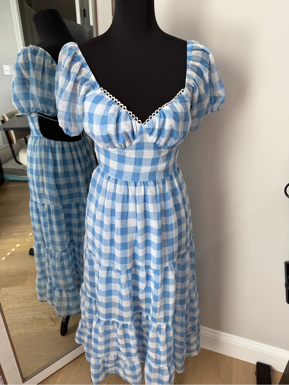 Light Blue Gingham Puff-Sleeve Midi Dress